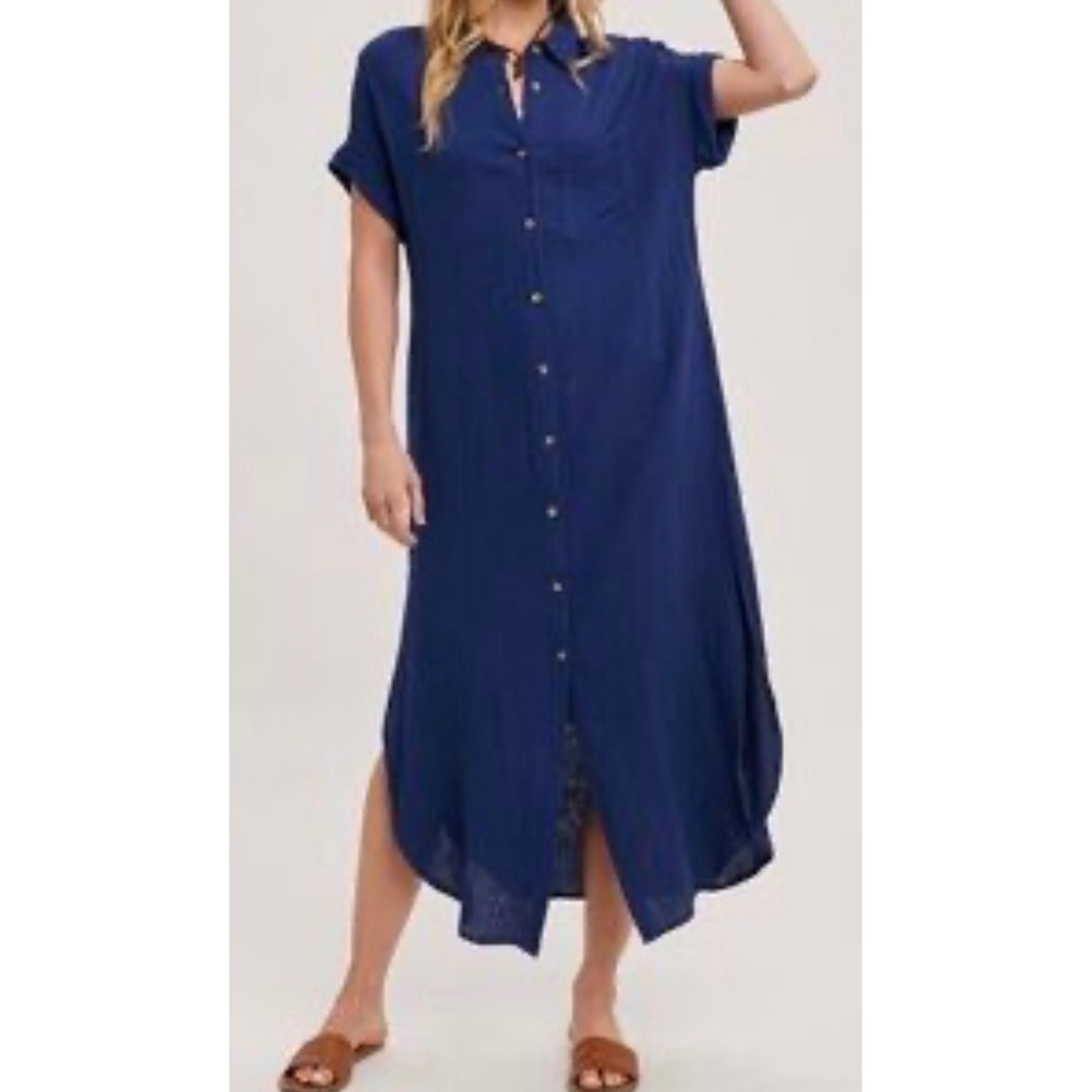 LANDS' END Navy Blue Cotton Gauze Full Button Front Midi Dress Swim Coverup 2X